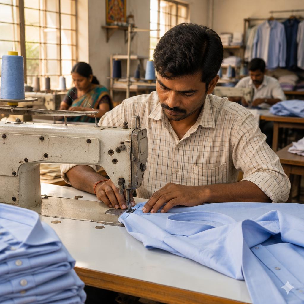 Tailor stitching a shirt on a sewing machine