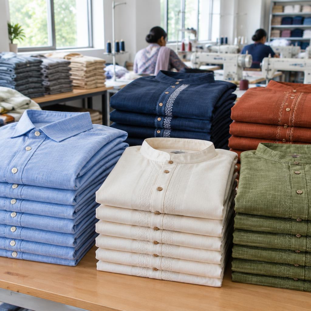 Folded stacks of finished shirts and kurtas