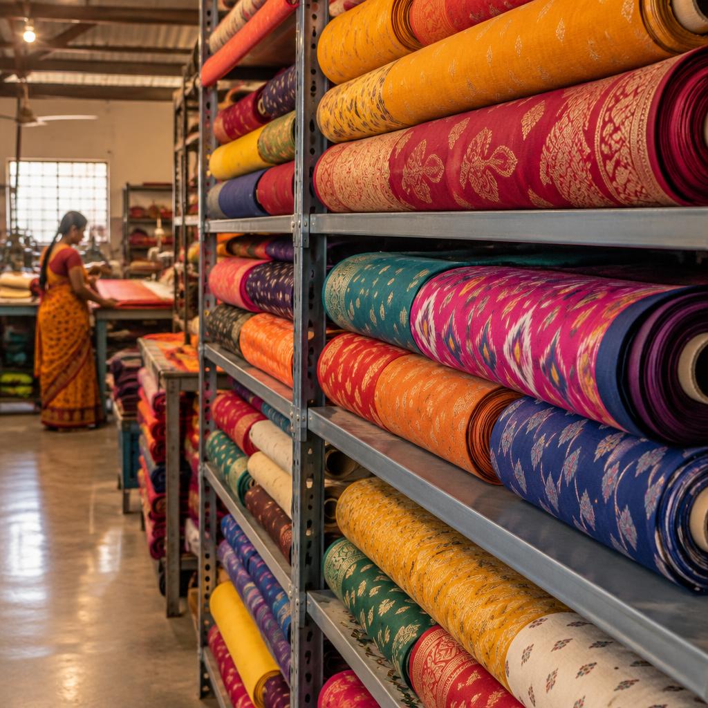 Rolls of fabric stored on shelves