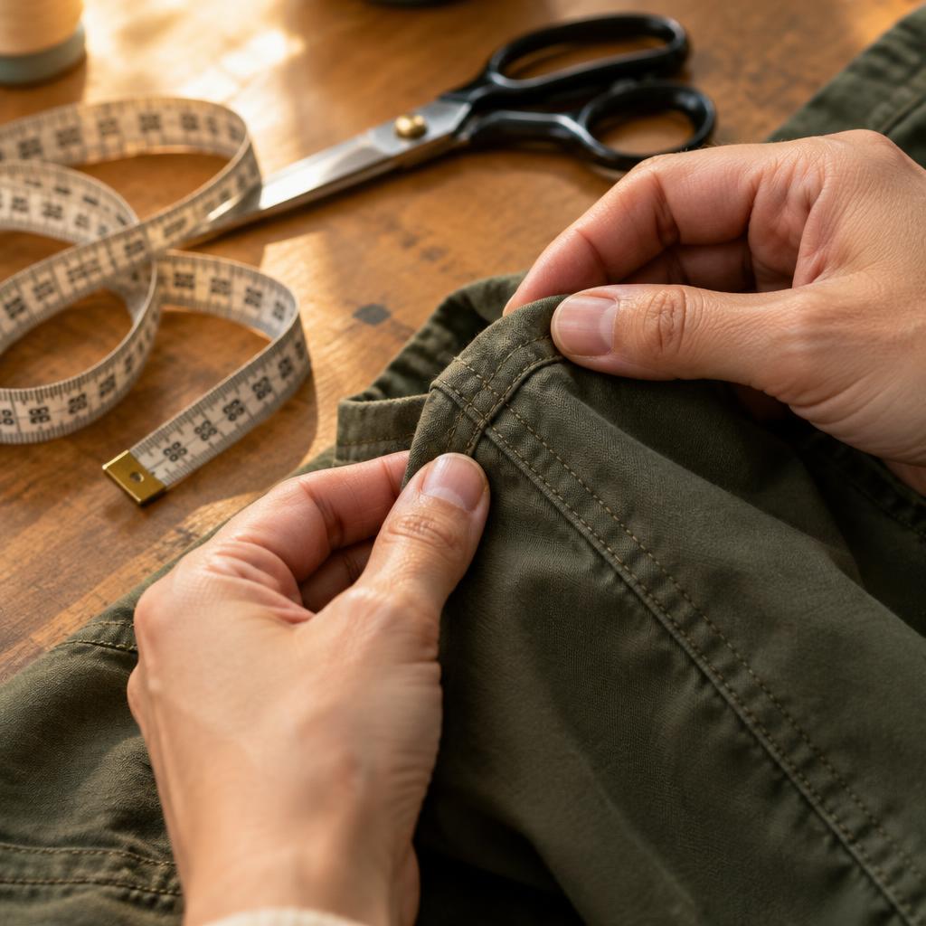 Hands checking the stitching quality of a seam