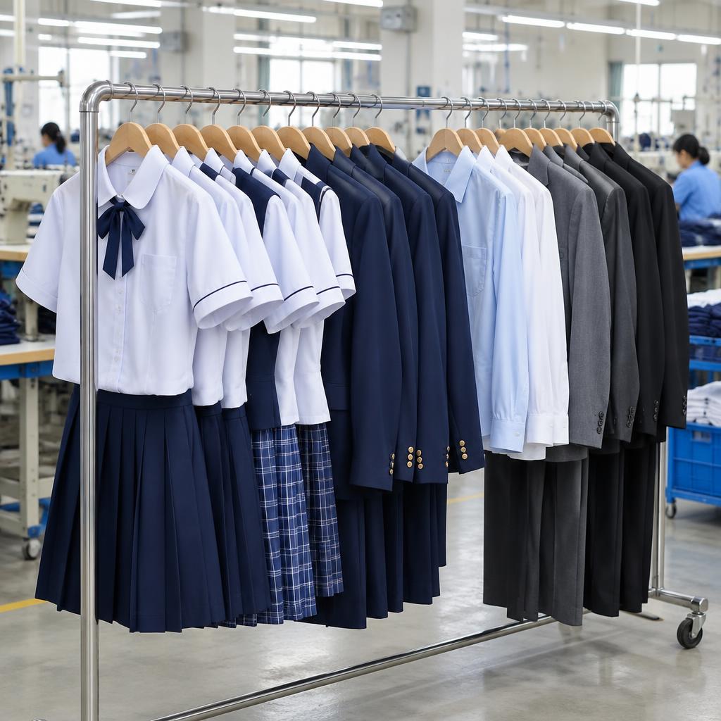 Uniforms hanging on a rack in the unit