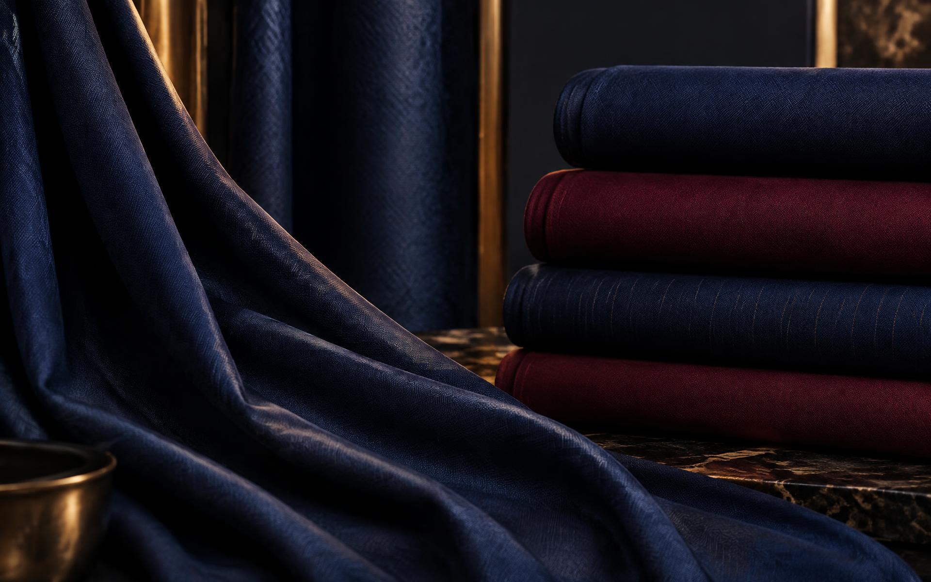 Navy and maroon fabric rolls in a garment unit